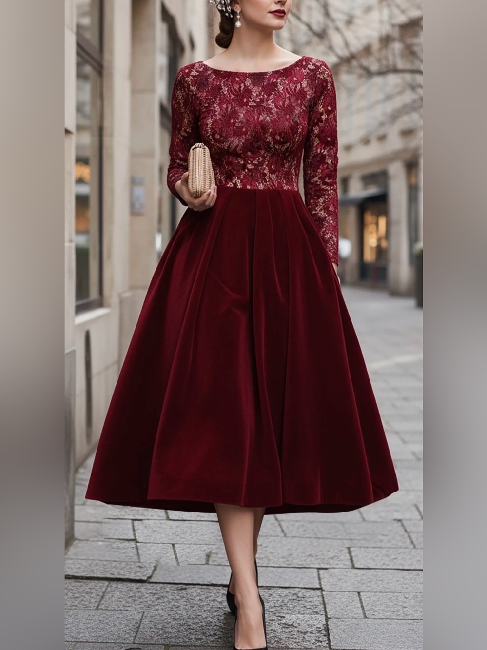 Elegant Crimson Lace & Velvet Long-Sleeve Midi Dress #300